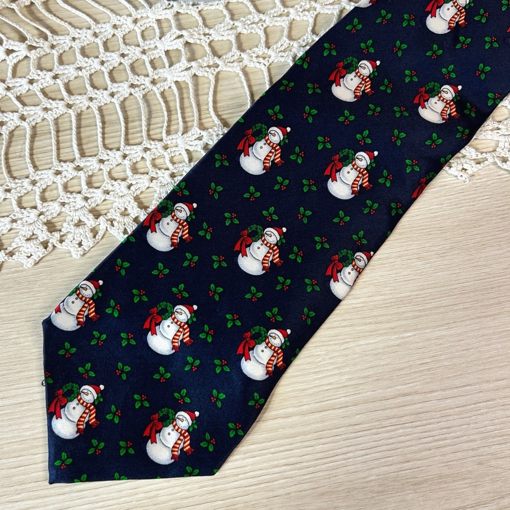 Holiday Traditions by Hallmark Navy Blue Snowman Holly Christmas Silk Necktie